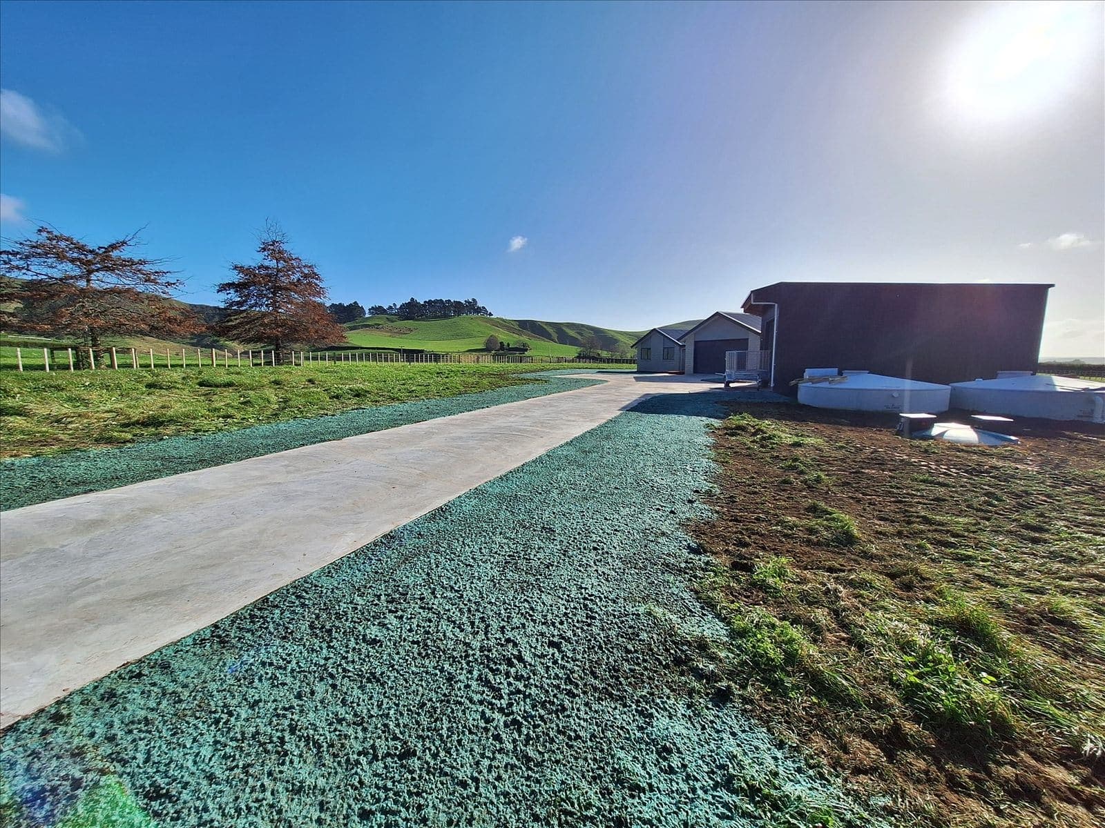 A long concrete driveway freshly poured on a rural new-build section near Hamilton, hydroseed laid either side and open farmland behind